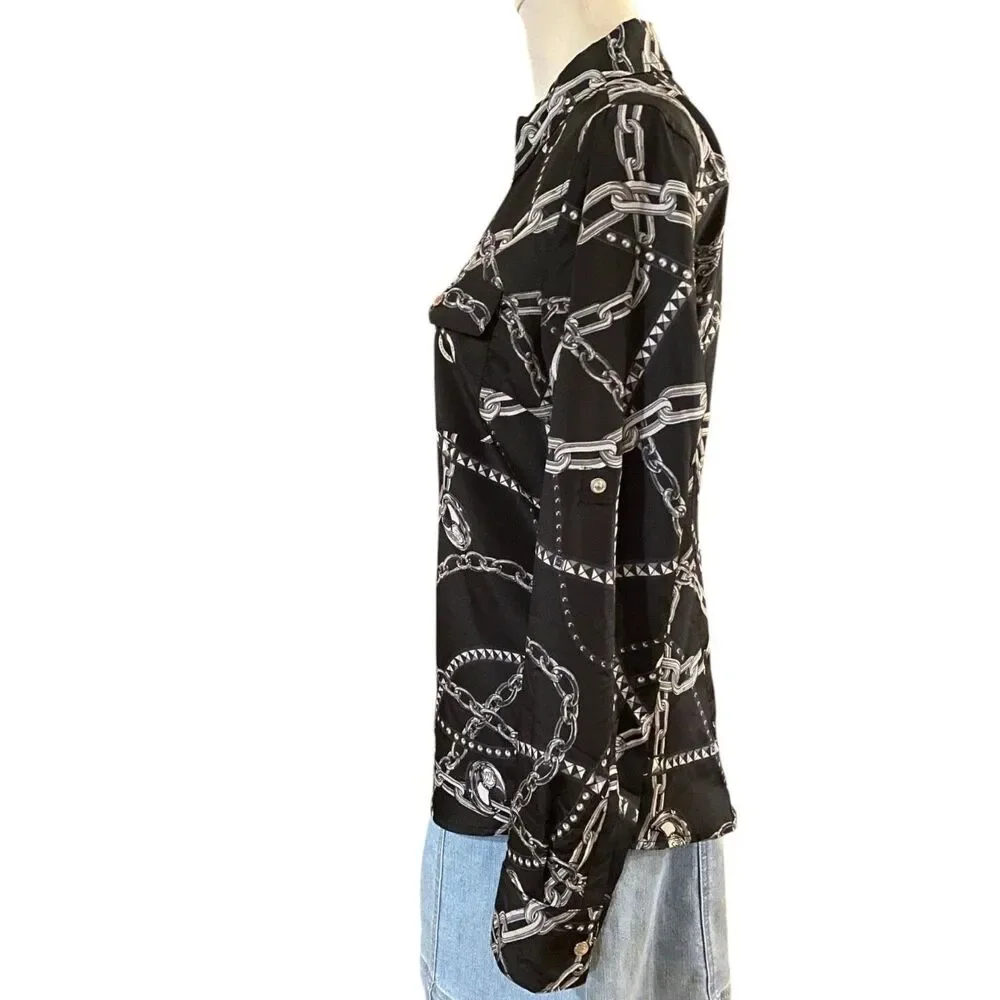 MICHAEL KORS BLACK Women's Lightweight Summer Jacket Chain & Lock Print Size S